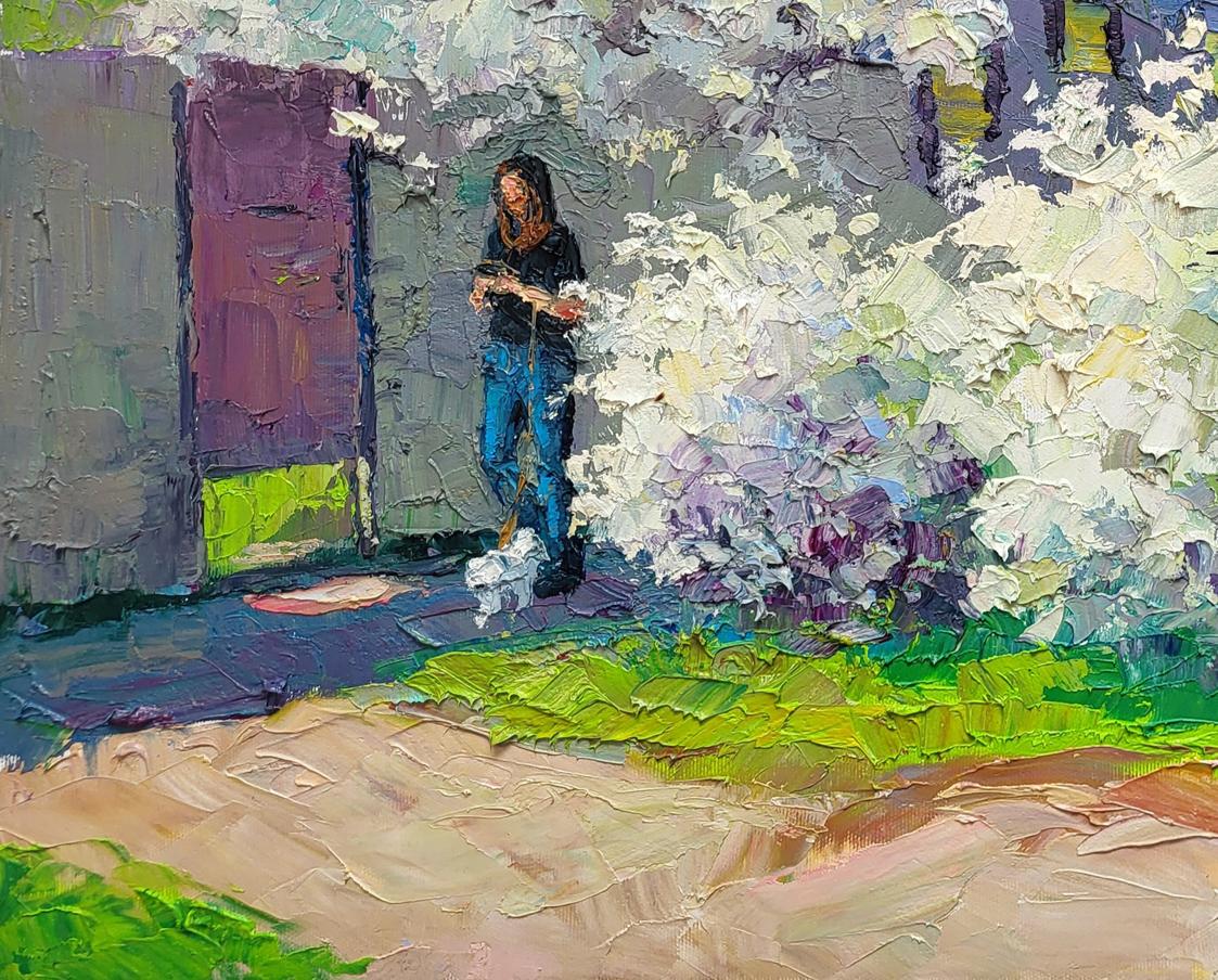 Oil painting April is on our street by Boris Serdyuk: woman by purple door