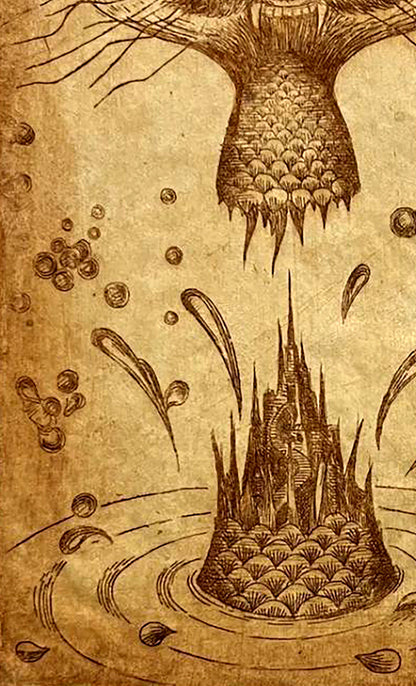 Detailed ink etching of spiky tree-like creature by Island Oleksandr Zhmailo