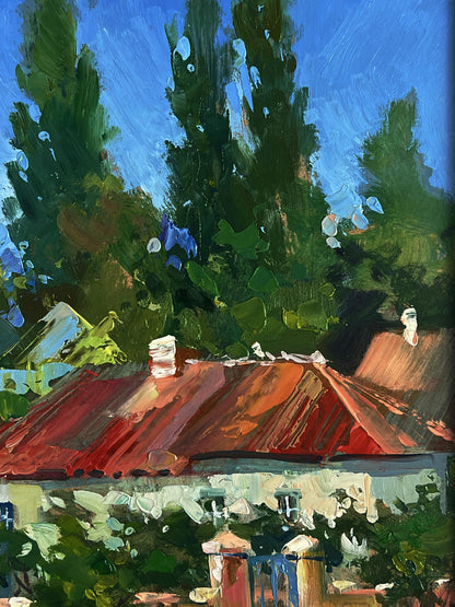Vibrant impressionistic oil painting of Yuriy Suprunchuk village courtyard with red-tiled roof among green trees