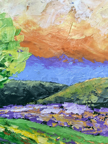 Vibrant impressionist oil painting by V. Zadorozhnya with green hills, purple field, orange sky, yellow clouds