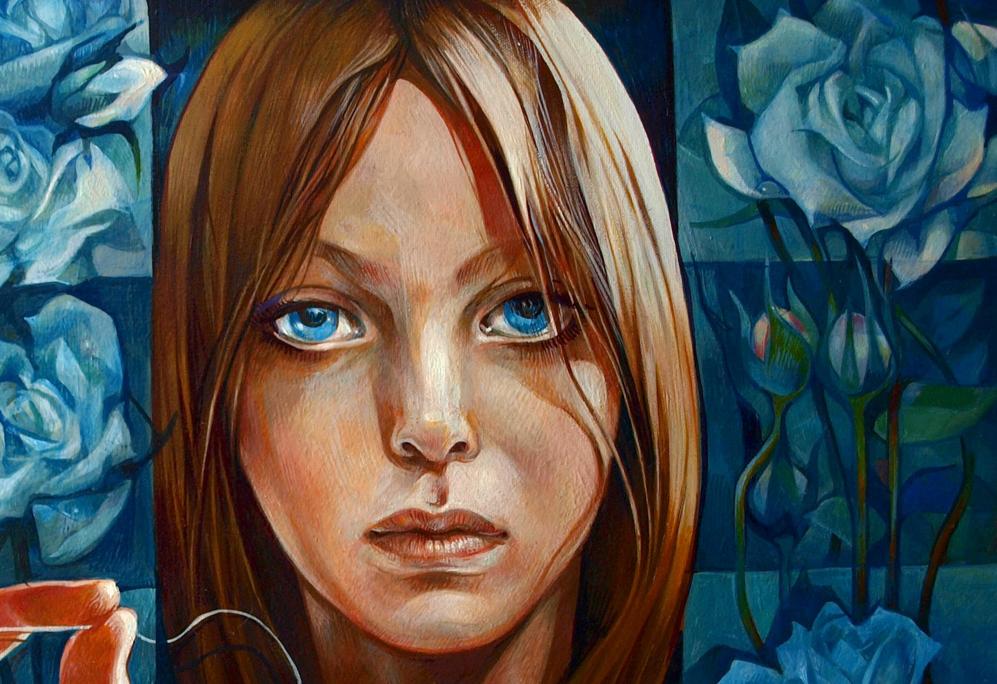 Oil painting Garden of Delights by Konsta G. Amelinn with blue-eyed woman