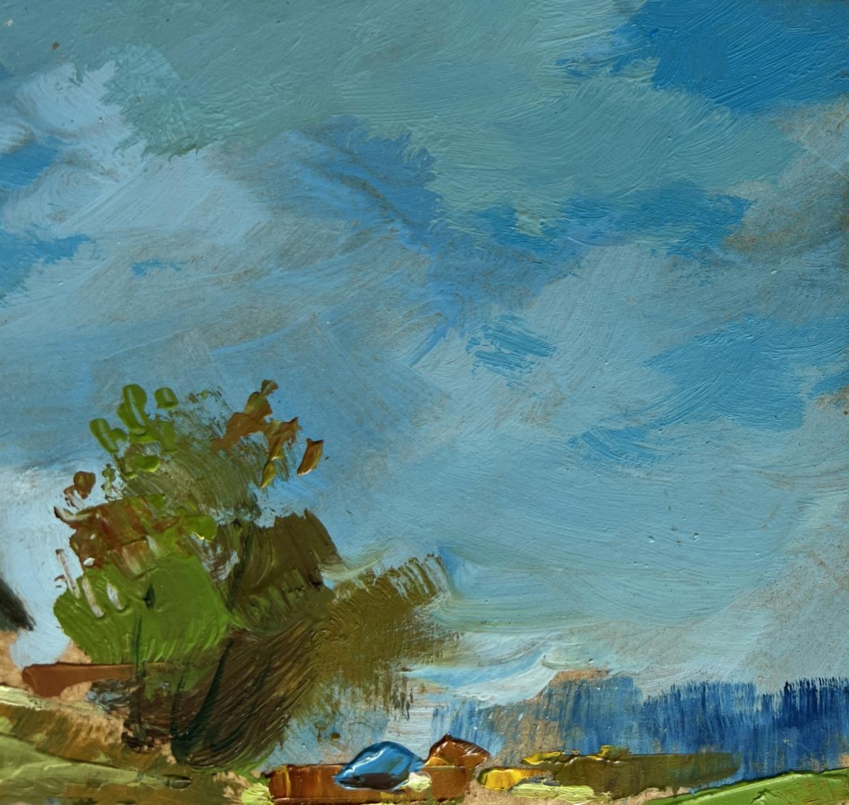Textured impressionist oil painting of tree with green foliage and boat by Yuriy Suprunchuk