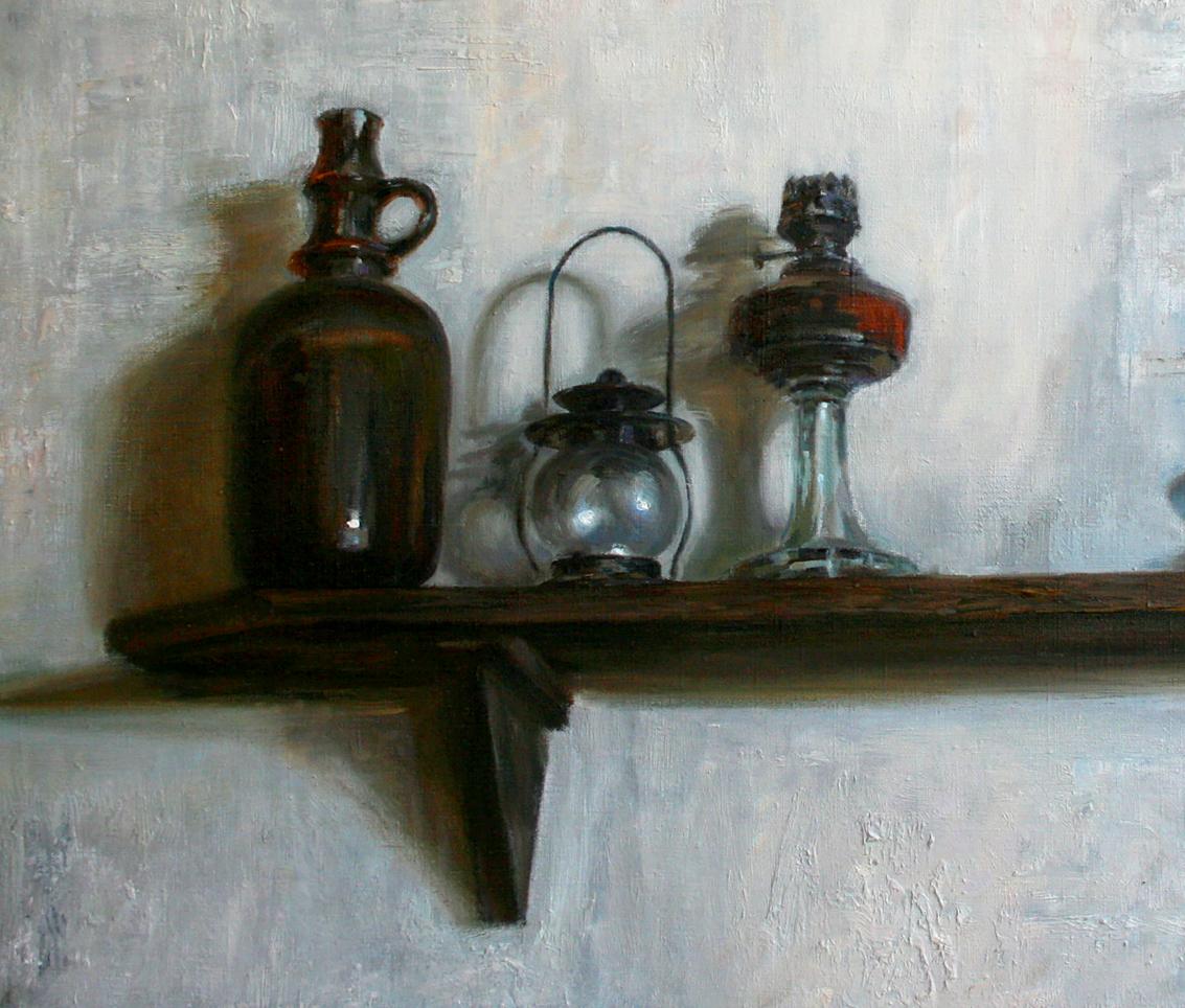 Oil painting by Leonid Pavlenko: dark amber glass jug on wooden shelf