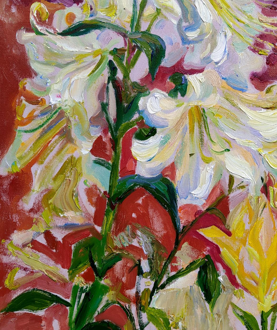 Vibrant oil painting Lilies by Leonid Pavlenko with white lilies on colorful background
