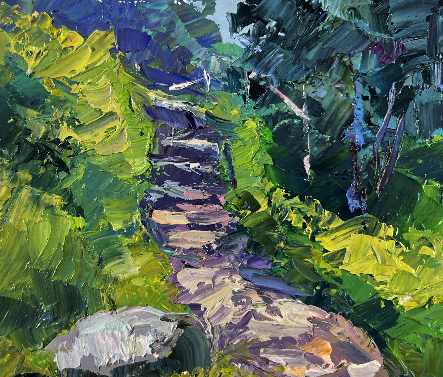 Vibrant impressionist oil painting by Boris Serdyuk: stone road to mountains
