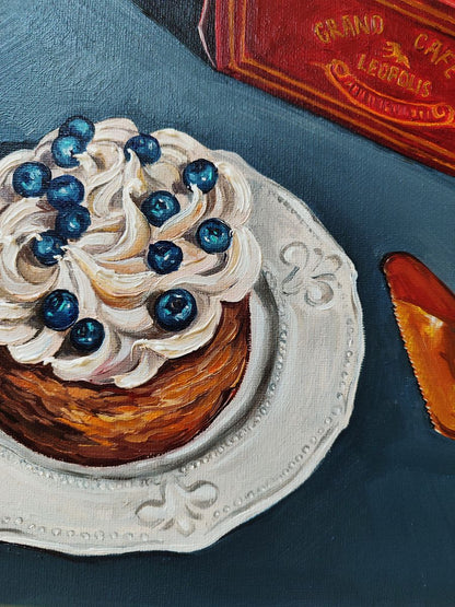 Oil painting of creamy frosted pastry with blueberries on silver plate by Oksana Sklym