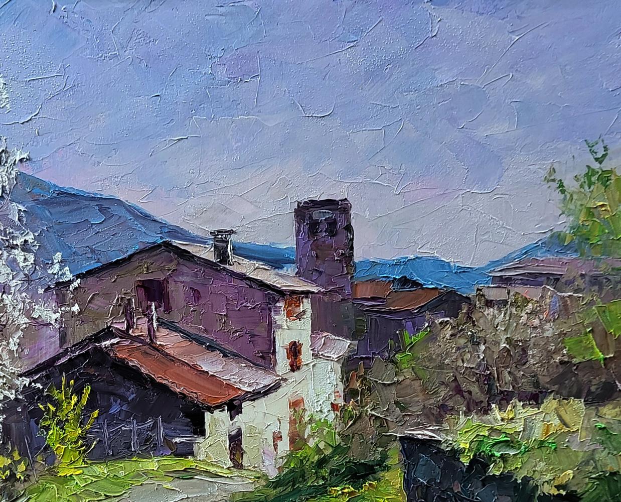 Oil painting Village in the mountains by Boris Serdyuk, rustic stone house