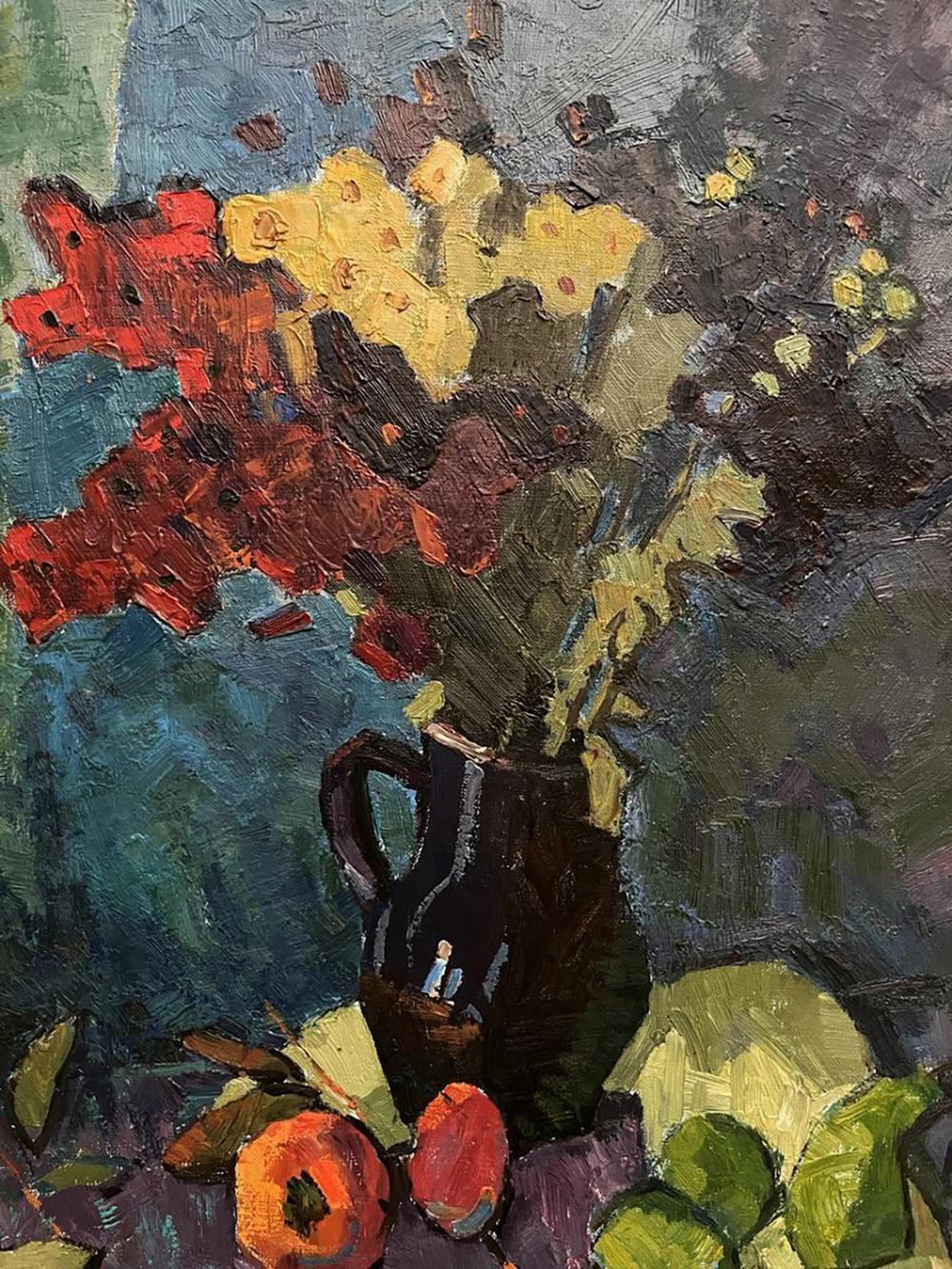 Oil painting of autumn flowers in dark glossy ceramic pitcher by Oleksandr Andreev
