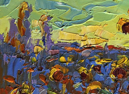 Vibrant impressionist oil painting of yellow sunset over sunflowers by Oleksiy Ivanyuk
