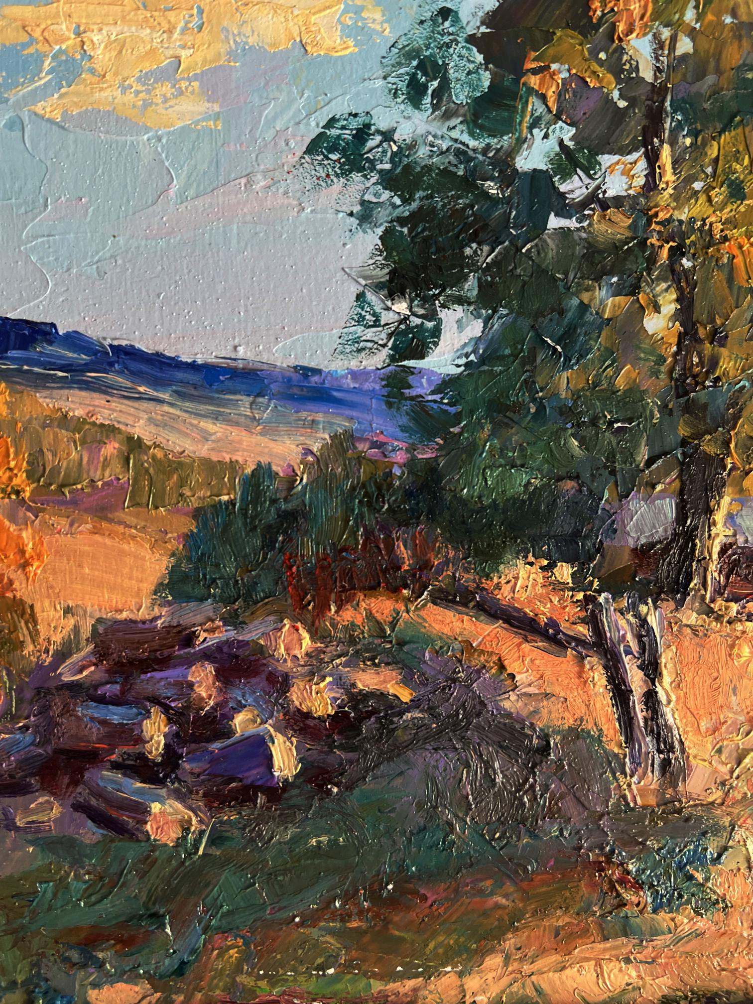 Impressionistic oil painting of Boris Serdyuk house on hill in earthy tones