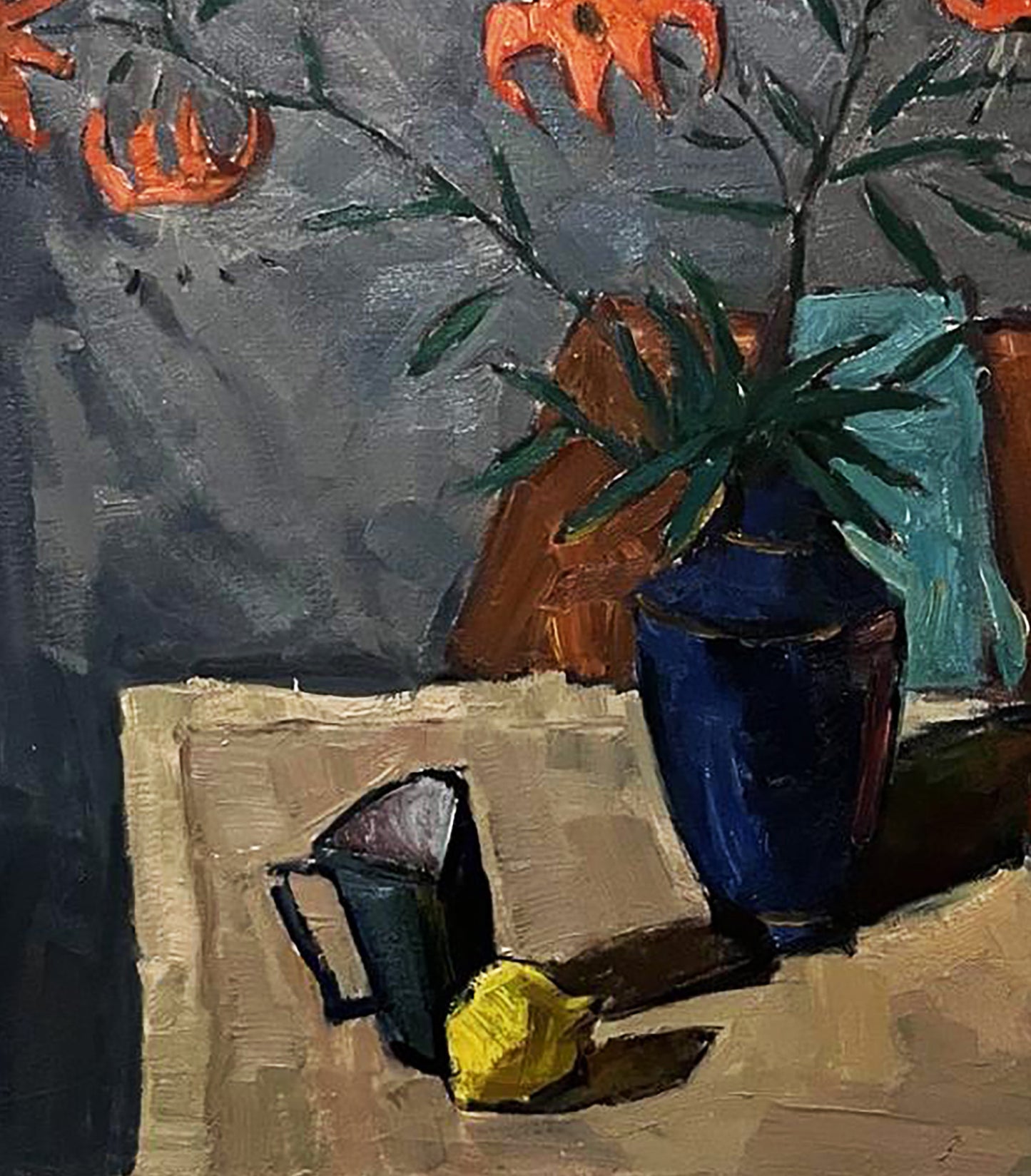 Deep blue ceramic vase with green foliage and orange flowers by Oleksandr Andreev