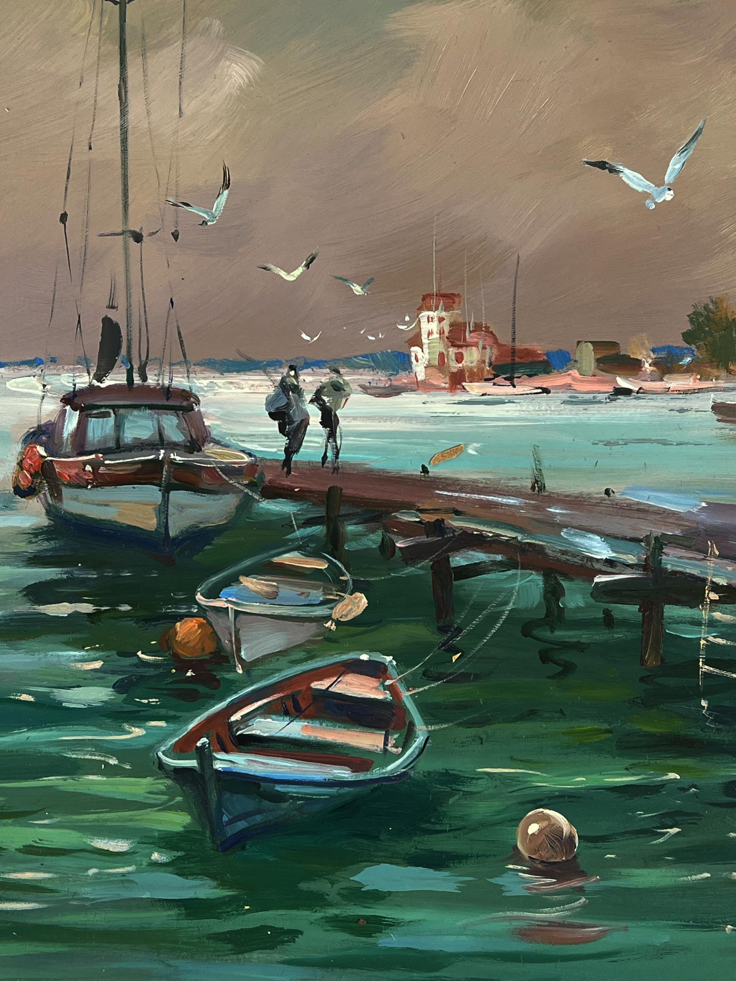 Serene oil painting by Yuriy Suprunchuk: seagulls fly on pier in harbor