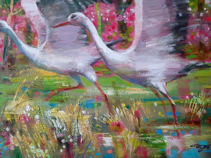 Oil painting Storks on a flower meadow Anatoly Tarabanov