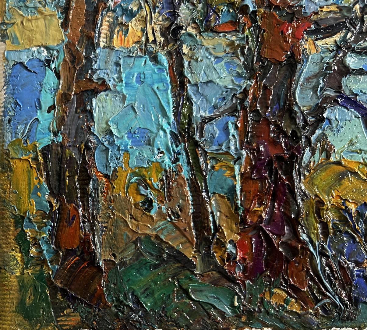 Oil painting In the shade of the trees by Oksana Ivanyuk, textured abstract impasto in blues, greens, browns, golds