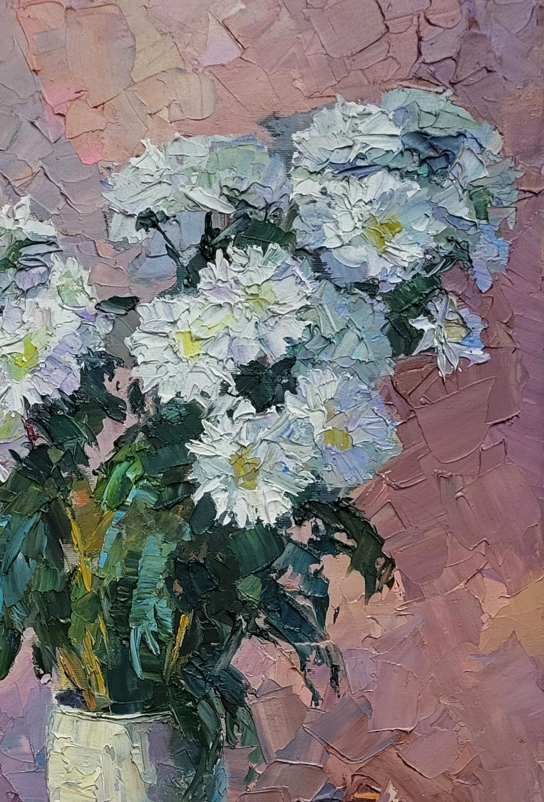 Oil painting of white blue chrysanthemums by Boris Serdyuk on pink