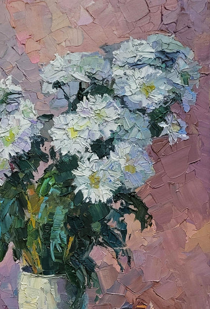 Oil painting of white blue chrysanthemums by Boris Serdyuk on pink