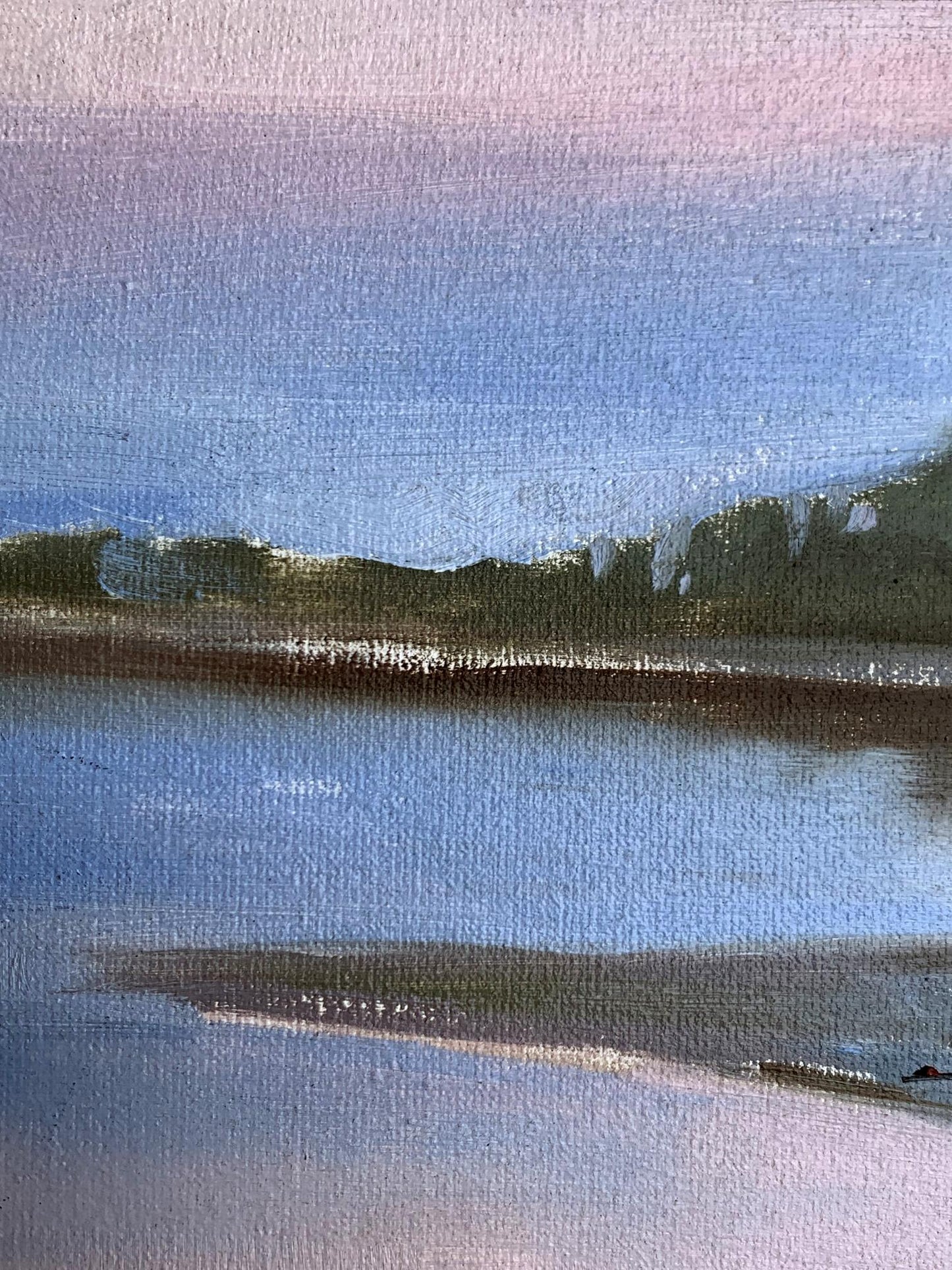 Serene oil painting of flooded river bank by Tatyana Derdey in blue purple pink gradients