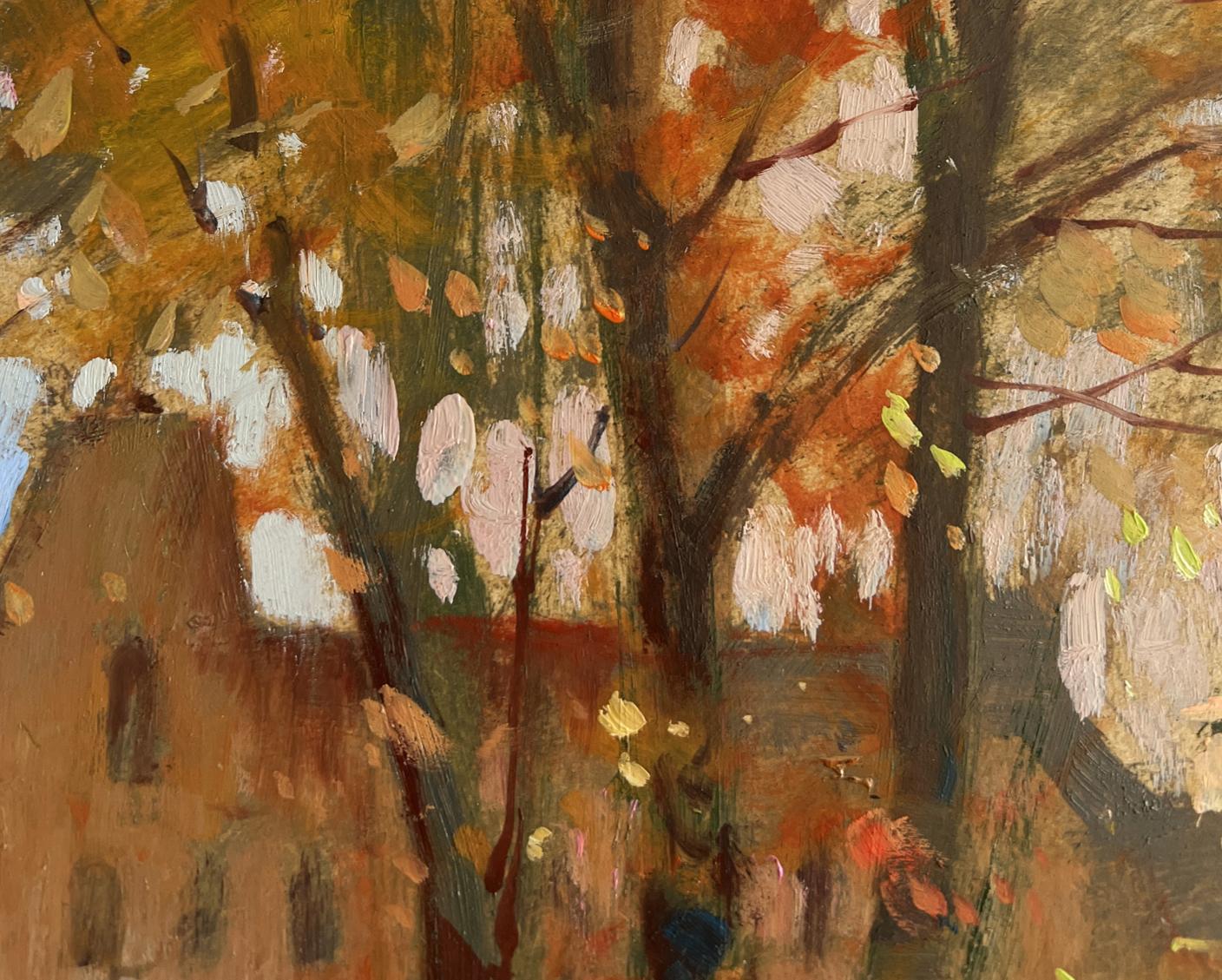 Autumn streets oil painting by Yuriy Suprunchuk with vibrant orange leaves