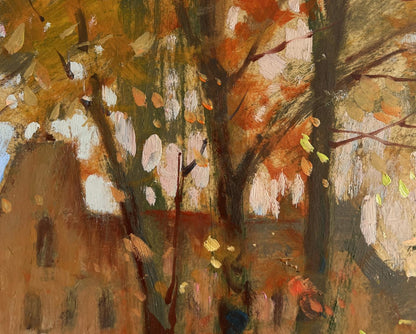 Autumn streets oil painting by Yuriy Suprunchuk with vibrant orange leaves