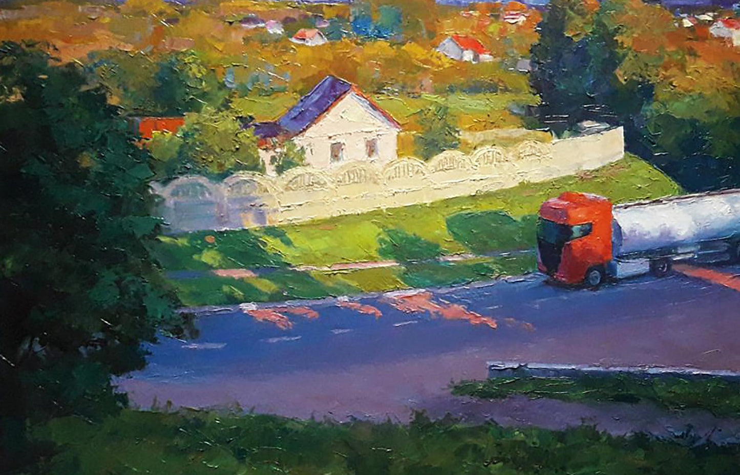 Oil painting Evening city Boris Serdyuk: red semi-truck on autumn road