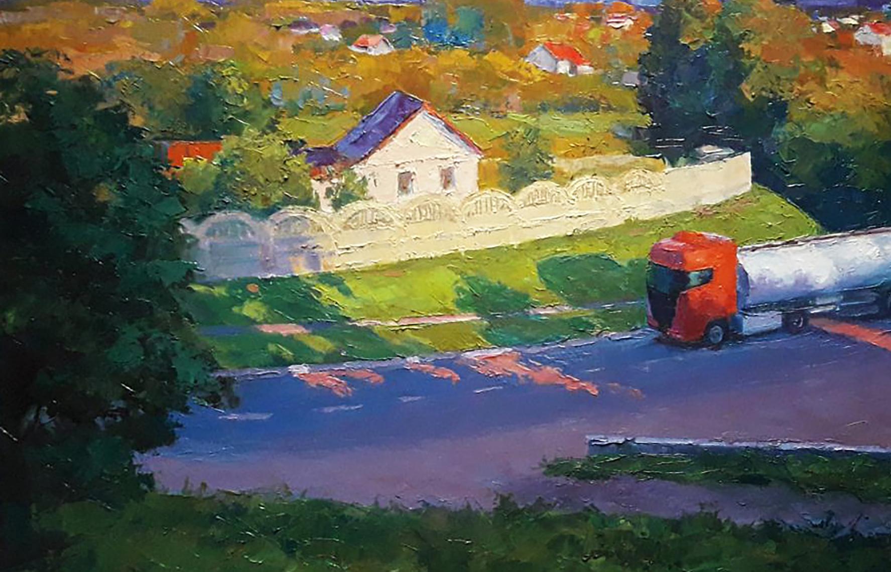 Oil painting Evening city Boris Serdyuk: red semi-truck on autumn road