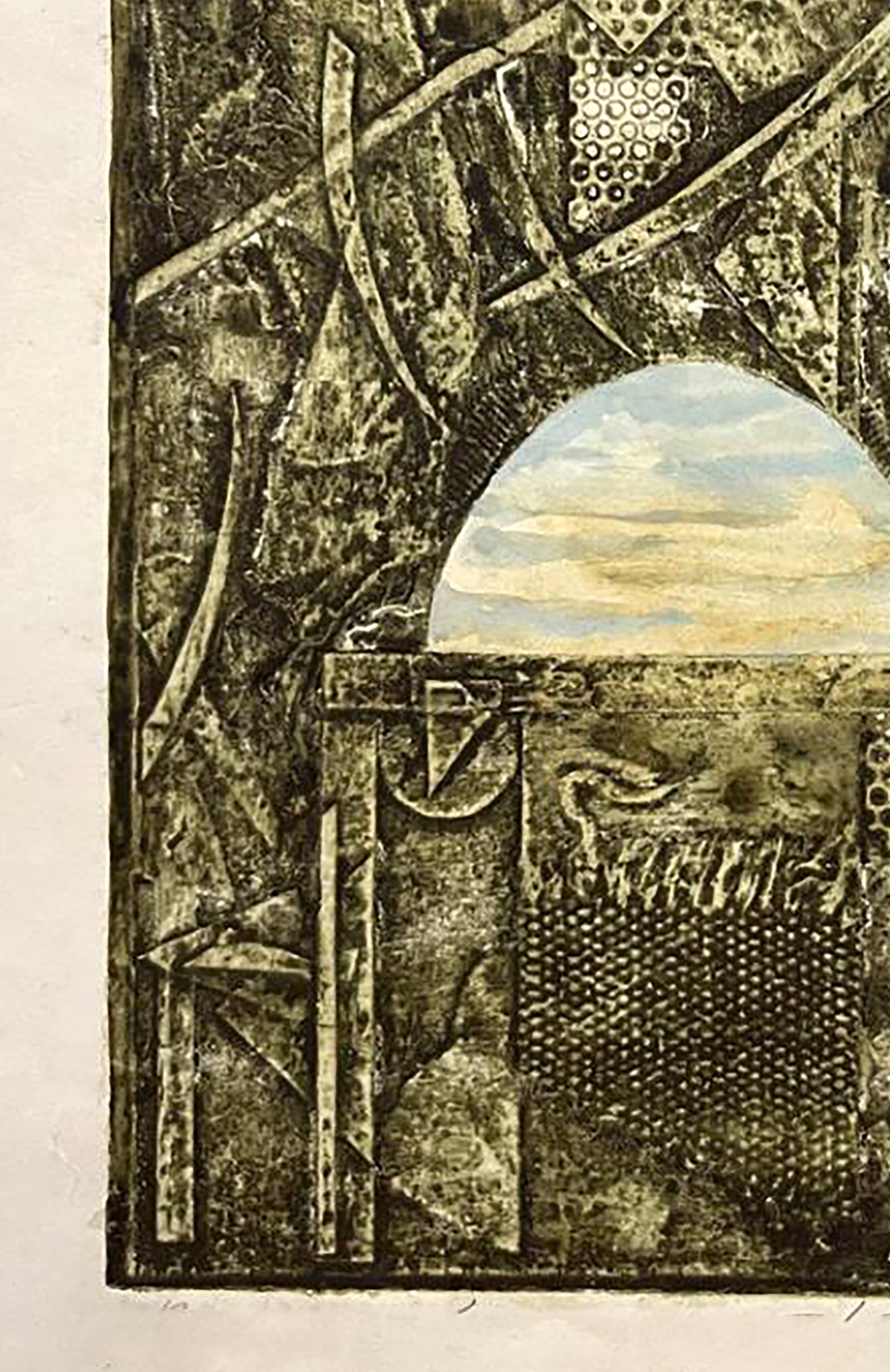 Etching painting East Oleksandr Zhmailo: arched window with textured patterns