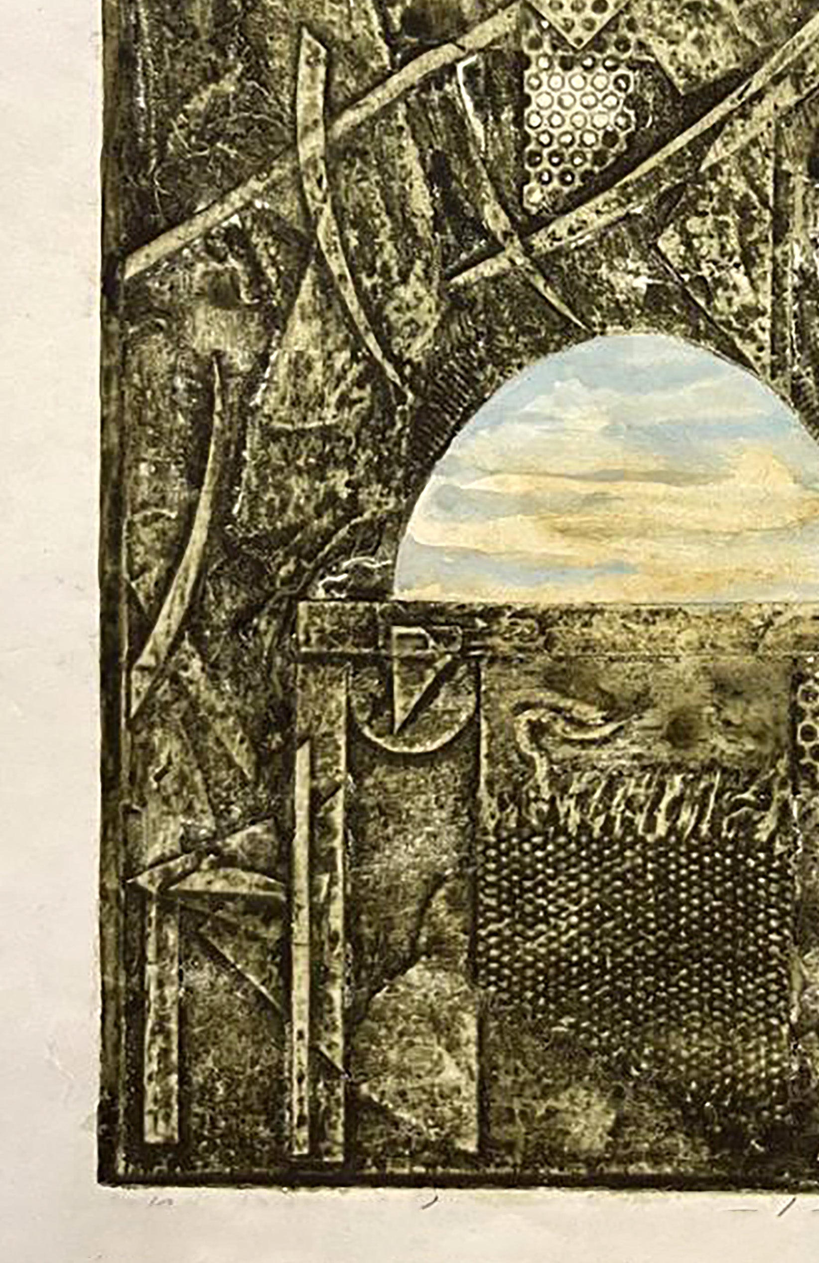 Etching painting East Oleksandr Zhmailo: arched window with textured patterns