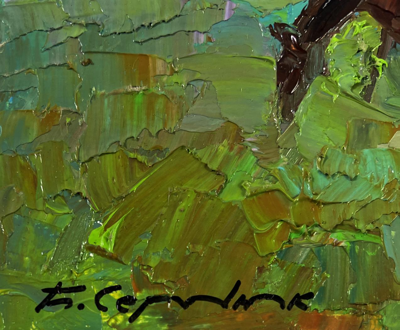 Oil painting of horses grazing peacefully by Boris Serdyuk in vibrant impasto greens