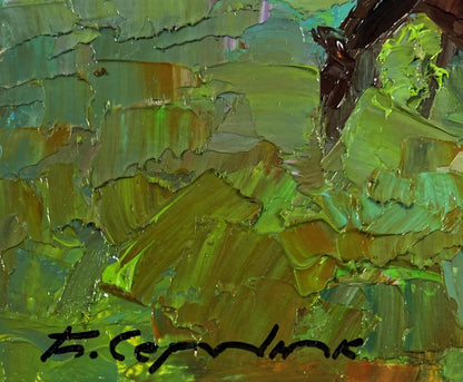 Oil painting of horses grazing peacefully by Boris Serdyuk in vibrant impasto greens