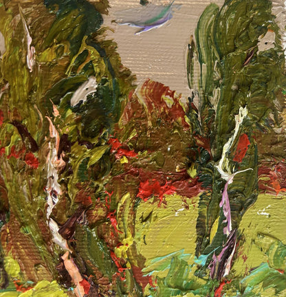 Oil painting Juicy summer meadows by Oleksiy Ivanyuk, textured green red yellow strokes