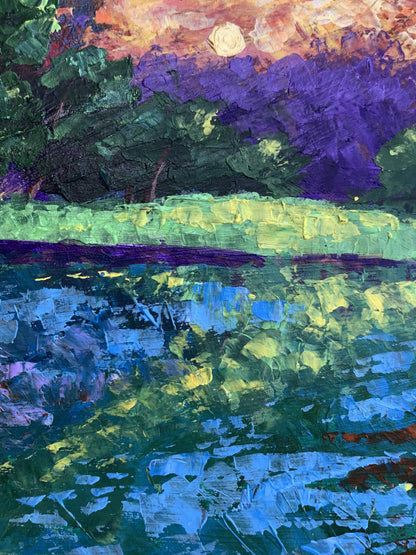 Vibrant impressionist oil painting Sunset behind the trees by V. Zadorozhnya