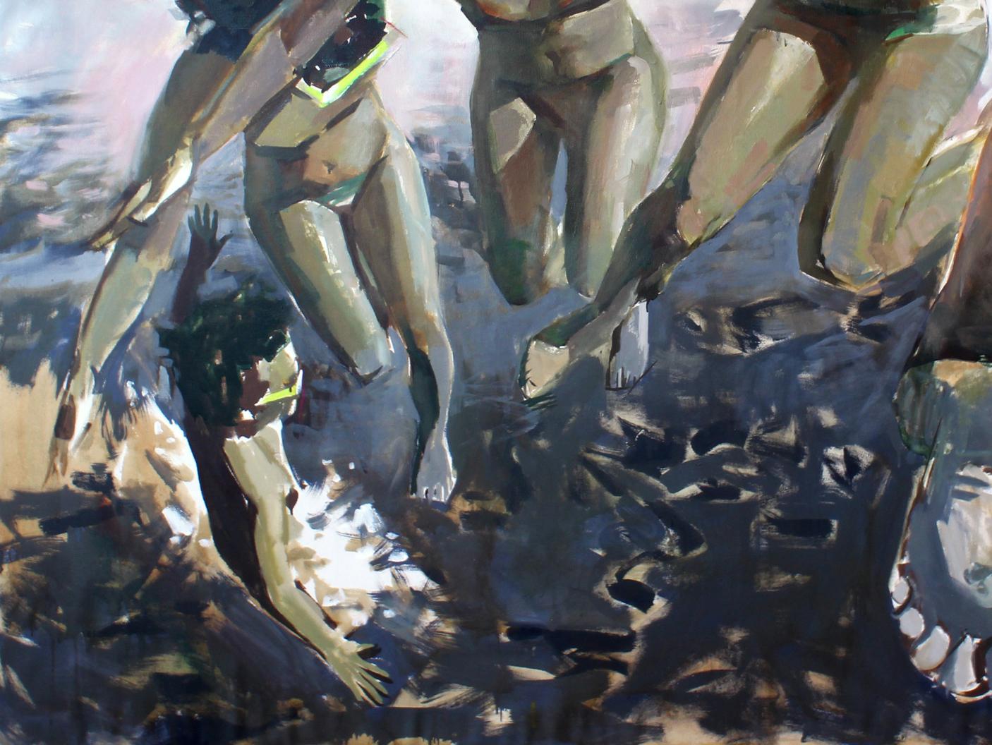 Oil painting Bounce Ed Potapenkov: abstract figures in motion, bold earthy tones