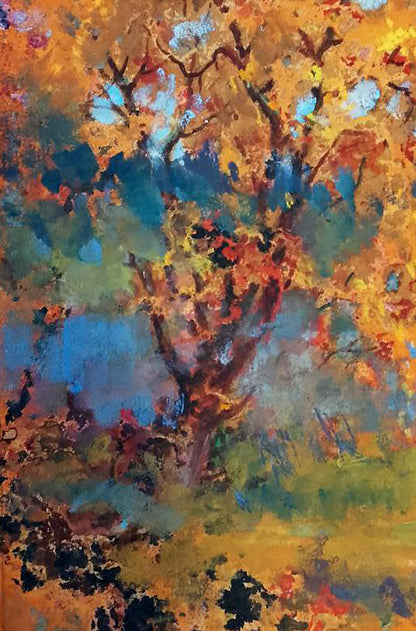Vibrant oil painting Yellowed tree by Vitaly Duhnevich in oranges and blues