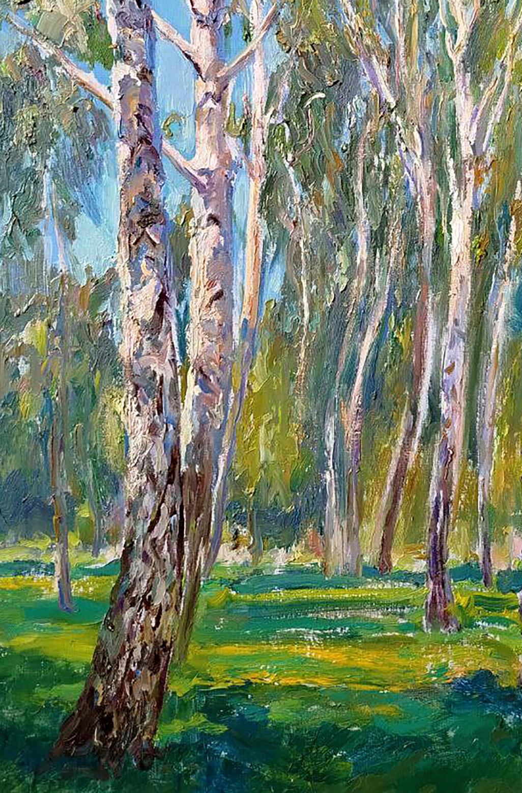 Vibrant impressionist oil painting of birch trees by Leonid Pavlenko, sunny morning
