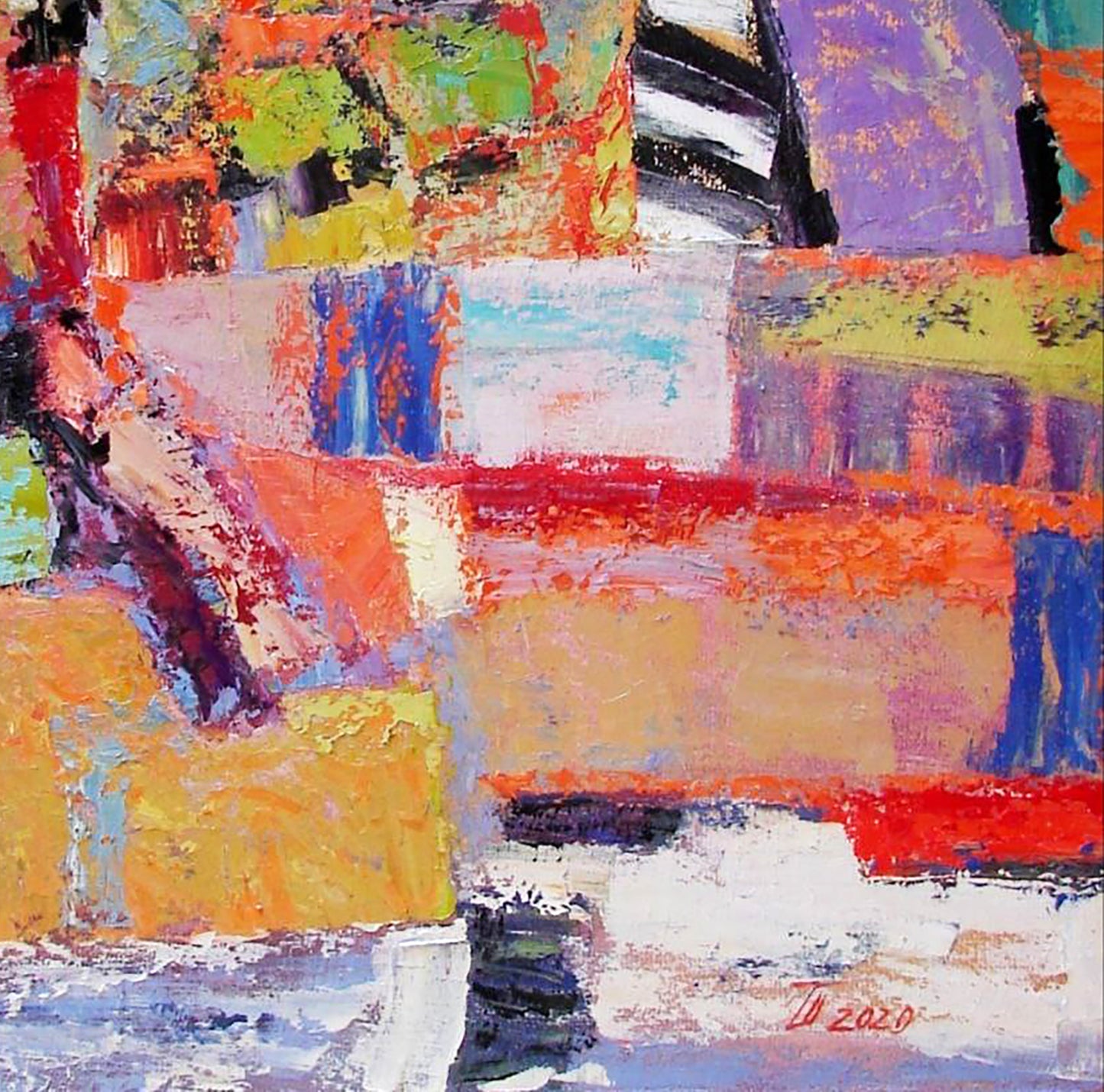 Vibrant Oil Painting Hot August by Tatyana Shulyak in reds blues yellows purples