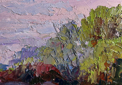 Oil painting Hot August Day by Boris Serdyuk: impasto green foliage, pink sky