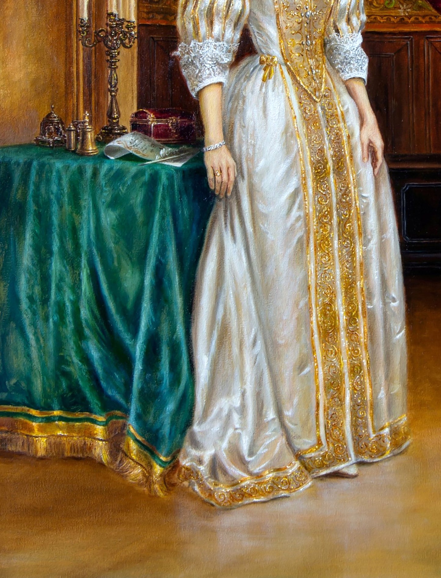 Elegant silver gown with gold embroidery oil painting by Valeriy Bulat