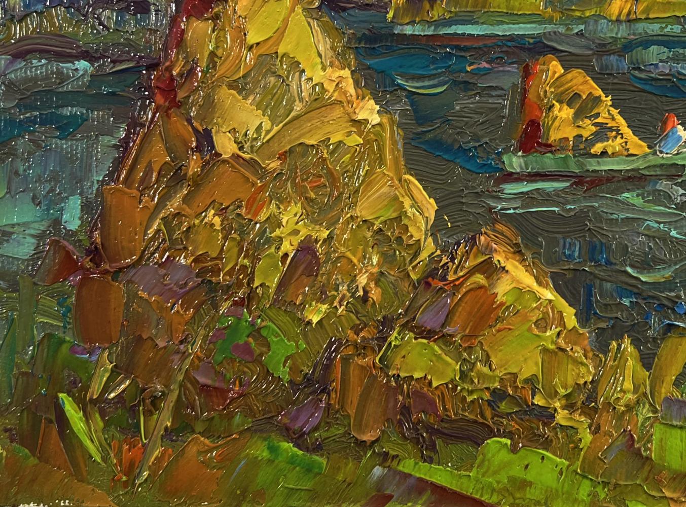 Impressionistic oil painting by Oksana Ivanyuk of transporting hay across river in yellows, greens, blues