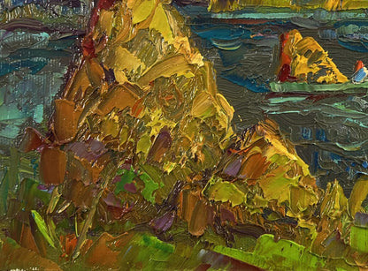 Impressionistic oil painting by Oksana Ivanyuk of transporting hay across river in yellows, greens, blues