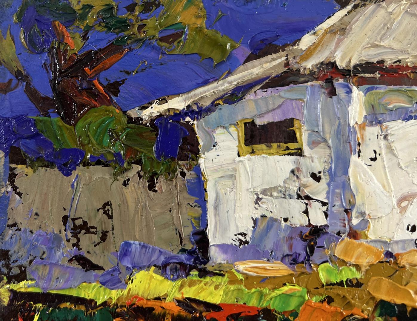 Vibrant oil painting of white house with yellow window by Oleksiy Ivanyuk