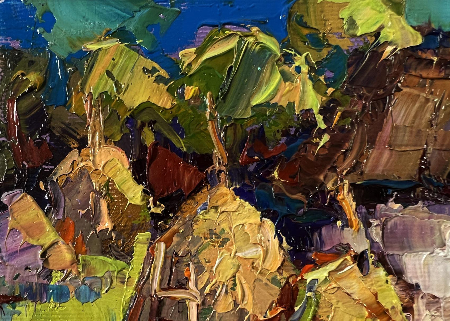 Oil painting Quiet village days by Oksana Ivanyuk with vibrant green foliage