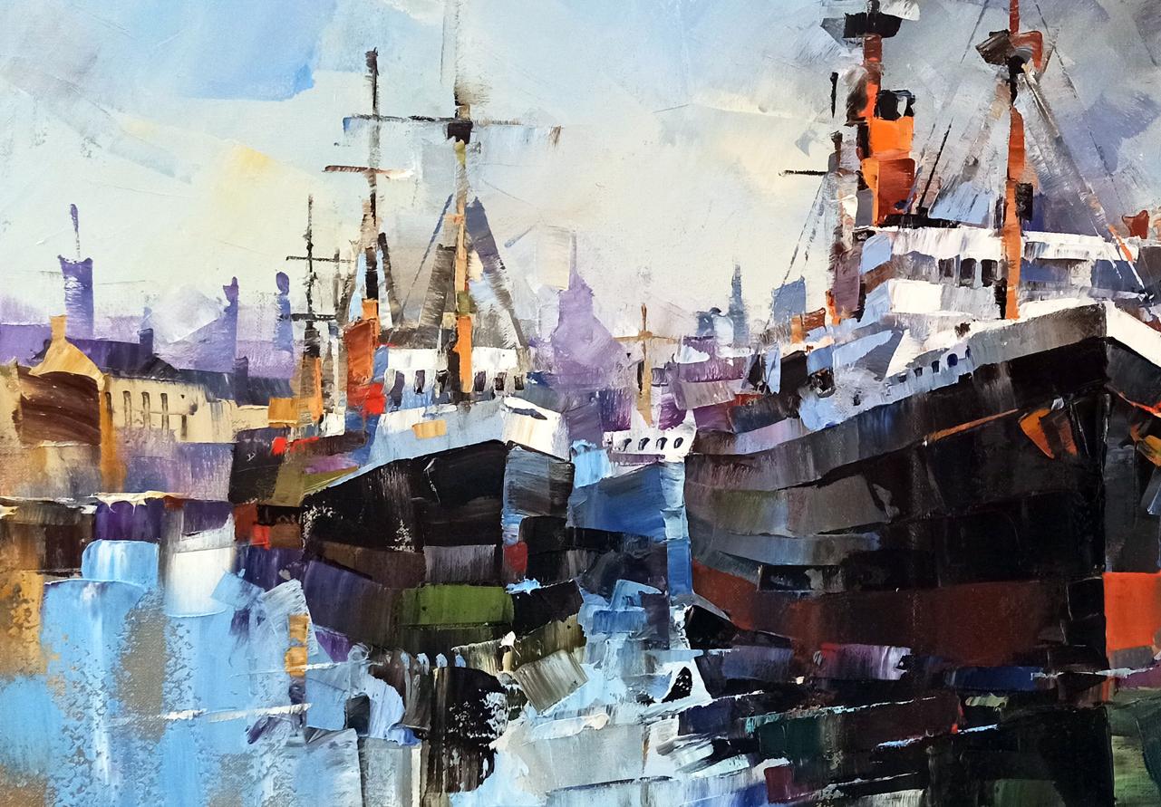 Oil painting Morning bustle by Volodymyr Gluhomanyuk: dockside ships