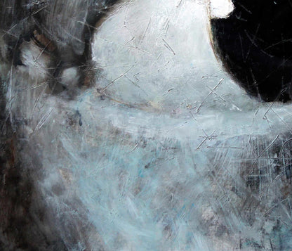 Oil painting of famous girl by Ed Potapenkov in gray, white, blue tones