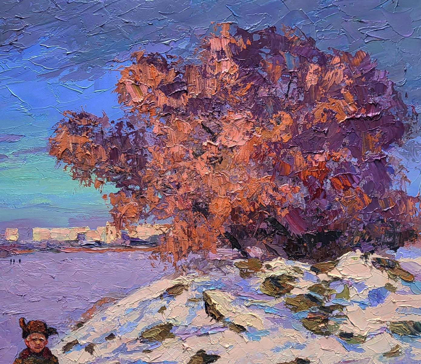 Oil painting Ice on the River by Boris Serdyuk: snowy landscape with autumn tree