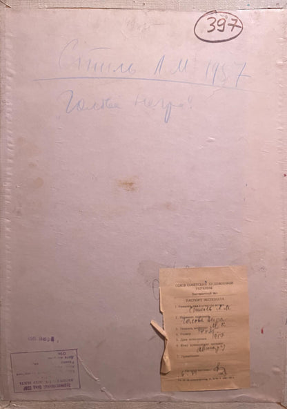 Back of framed Oil painting Portrait of man Leonid Stil with Cyrillic script and Soviet label