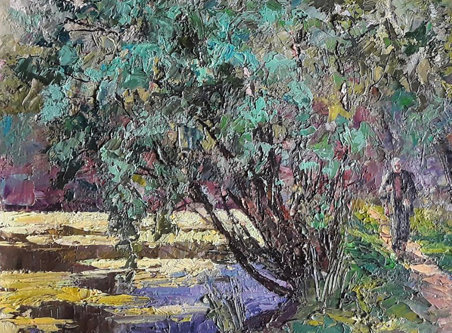 Textured impressionist oil painting On the Hunt by Boris Serdyuk, green purple tree