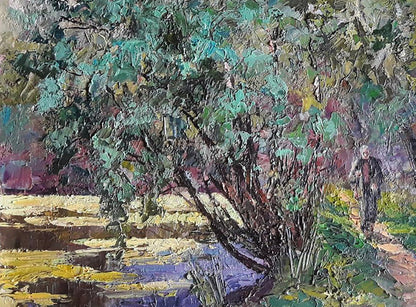 Textured impressionist oil painting On the Hunt by Boris Serdyuk, green purple tree