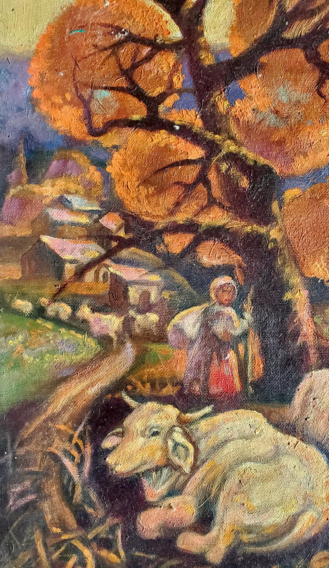 Oil painting Autumn flock by Daniil Litvinov: horned cow under orange tree