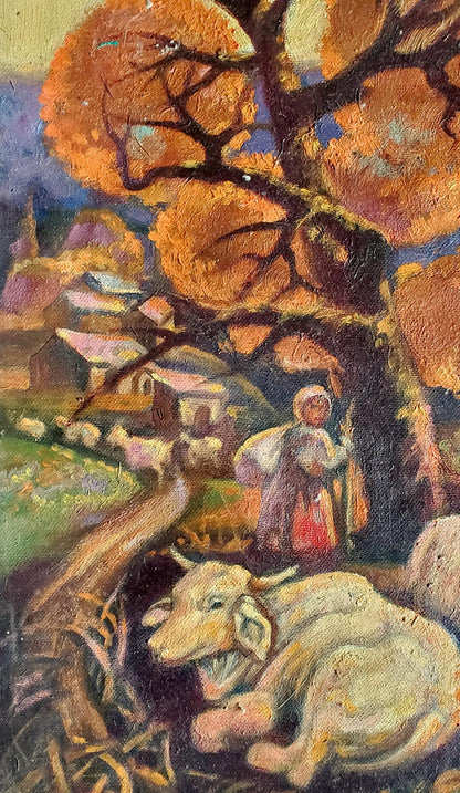 Oil painting Autumn flock by Daniil Litvinov: horned cow under orange tree