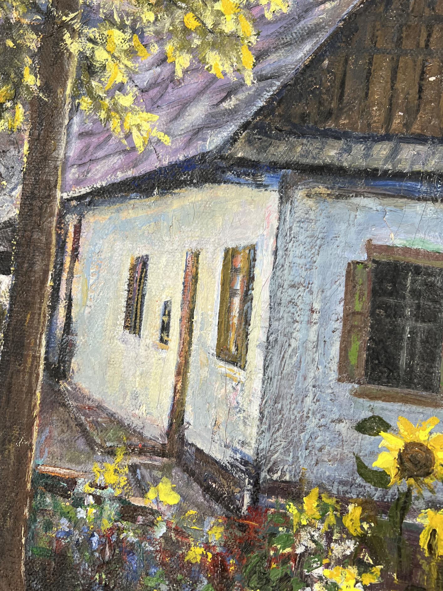 Oil painting The silence of the village yard by Fedor Konev: rustic white house with brown roof